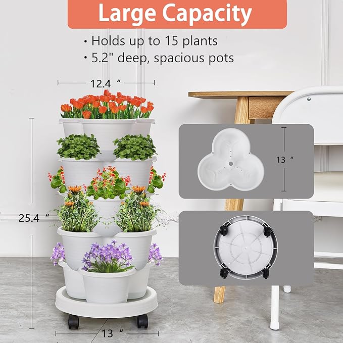 VECELO 5 Tier Vertical Garden Planter, Self Watering Stackable Planters with Wheels for Strawberries, Herbs, Flowers, Vegetables, White-Ruum Studio Home