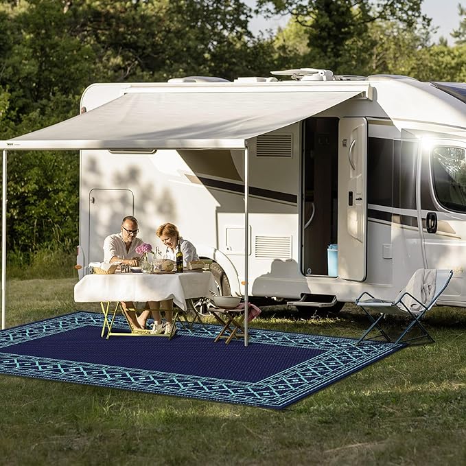 GENIMO Outdoor Rug Waterproof 5'x8' for Patio, Foldable Reversible Plastic Straw Carpet for Travel Trailers, Outside Area Mat for Rv, Deck, Picnic, Porch, Balcony, Beach, Navy Blue & Jade Green-Ruum Studio Home