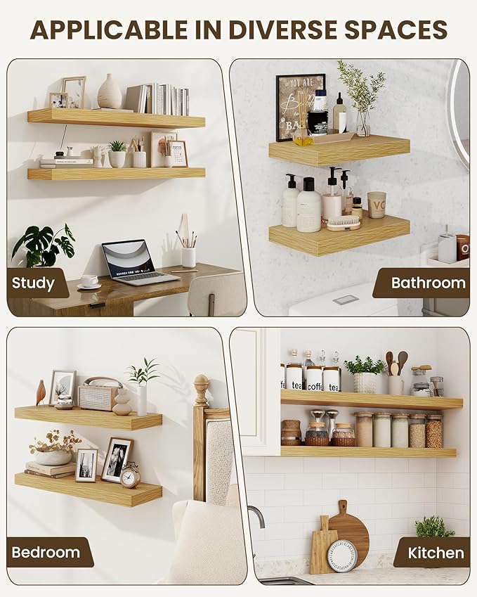 Marsmiles 30" Floating Shelves for Wall, Wooden Shelves with Invisible Brackets Set of 2, Rustic Farmhouse Wall Mounted Shelf for Kitchen Bathroom Living Room Study, Natural Oak-Ruum Studio Home