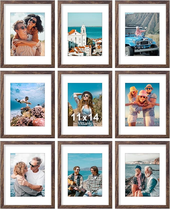 Vittanly 11x14 Picture Frames Set of 9, Shatter Resistant Plexiglass, Display 8x10 Pictures with Mat or 11x14 without Mat, Photo Frames for Wall or Tabletop, Engineered Wood, Brown-Ruum Studio Home