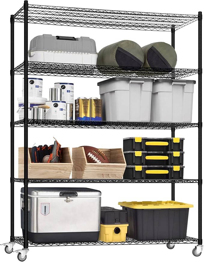 5 Tier Wire Shelf Shelving Unit, 60"x 24"x82" Metal Storage Shelves, Heavy Duty Garage Storage Shelves with Wheels, Chrome 3000LBS Capacity Wire Shelf Rack for Restaurant, Garage, Pantry, Kitchen-Ruum Studio Home