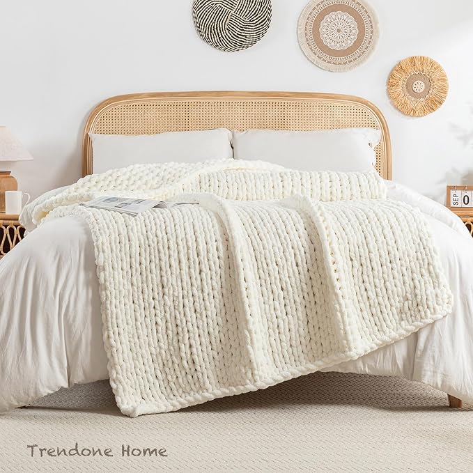 Chunky Knit Blanket Throw, 100% Hand Knit Throw Blanket Handmade Chenille Cable Knit Throw for Couch, Stylish Cozy Soft Rope Knot Crochet Blanket for Home Decor, Ivory, 60x80 Inches-Ruum Studio Home