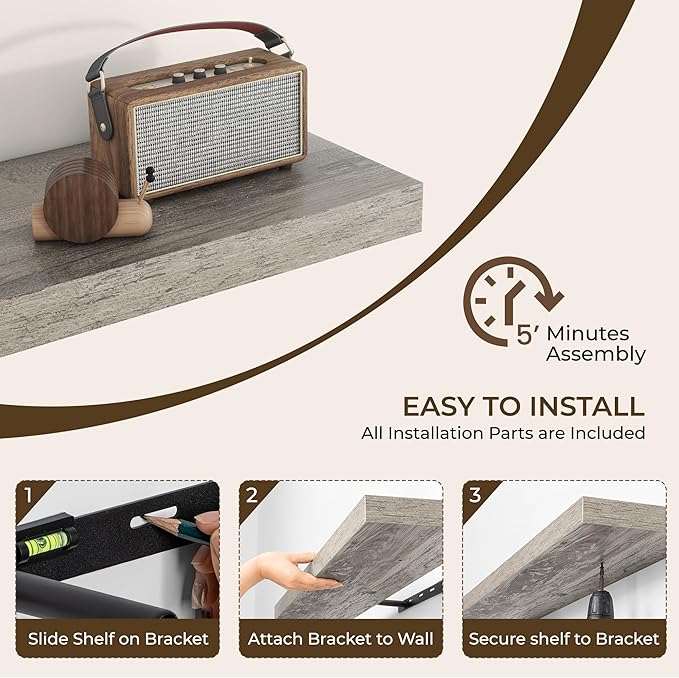 RICHFOCUS 48Inch Floating Shelves for Wall 2 Pack Shelves for Bedroom|Kitchen|Bathroom Wall Mounted Rustic Wood Floating Shelf with Invisible Brackets for Books|Storage|Decor, Grey-Ruum Studio Home