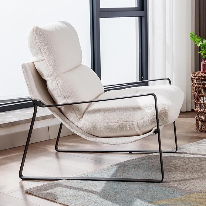 DUOMAY Modern White Sherpa Accent Chair, Comfy Lounge Lazy Chair with Metal Leg, Mid-Century Corner Arm Chair for Living Room Bedroom Office Apartment-Ruum Studio Home