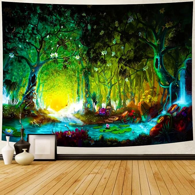 Delur Fantasy Forest Tapestry Mystical River Enchanted Magical Fairy Tale Tree Tapestry Sunrise Landscape Sunset Nature Psychedelic Wall Hanging Headboard for Bedroom Living Room Home Decor (51.2" x 59.1")-Ruum Studio Home