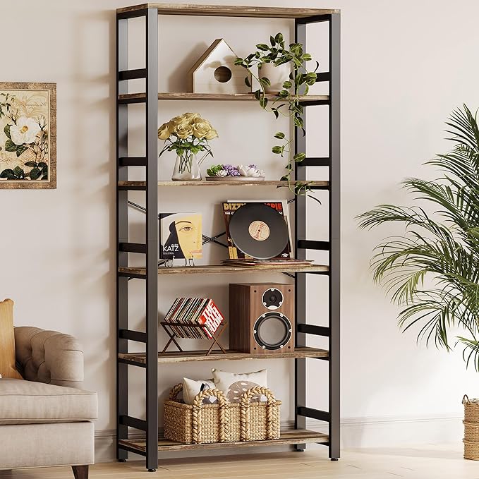 IRONCK Bookshelf, 31.5in Wide Shelf 6 Tier Bookcase, 110lbs/shelf Vintage Industrial Style Bookshelves for Bedroom, Living Room and Home Office, Industrial Brown-Ruum Studio Home