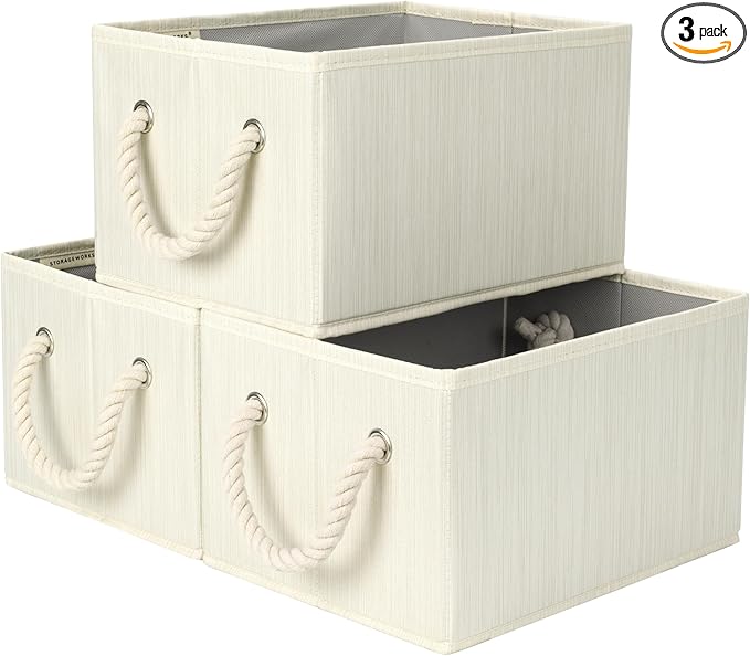 StorageWorks Storage Baskets for Shelves, Foldable Fabric Closet Storage Bins with Handles, Fabric Storage Bins Clothes Organizer, Beige, White & Ivory, 3-Pack, Small-Ruum Studio Home