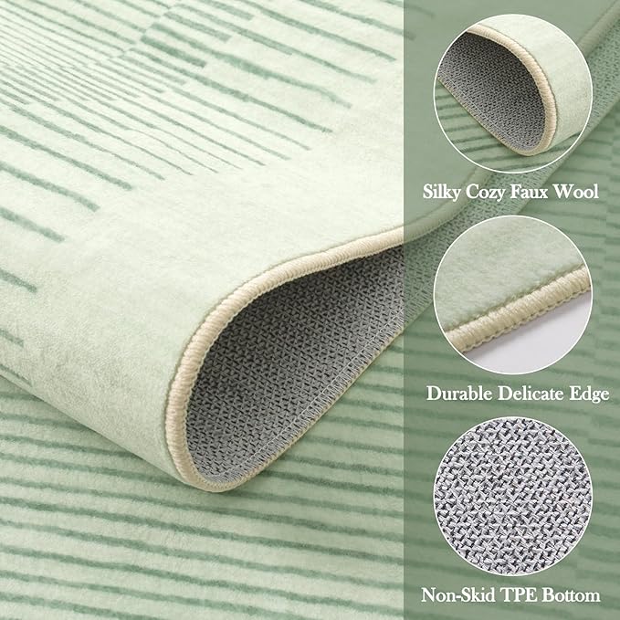 Wonnitar Washable Striped 8x10 Rugs for Living Room, Non-Slip Soft Sage Green Bedroom Rug, Low Pile Minimalist Floor Carpet for Nursery Playroom Dining Room Department (Green, 8' x 10')-Ruum Studio Home