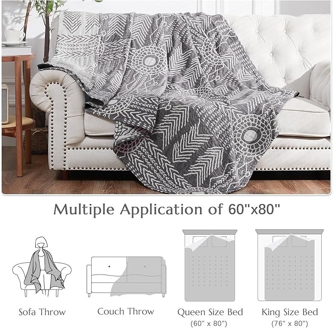JINCHAN Boho 100% Cotton Muslin Blanket 3-Layer Twin Size Geometric Lightweight Reversible Soft Cozy Throw for Couch Sofa Bed All Season Coverlet Ideal Gift Bedroom Living Room Decor Grey 60x80 Inches-Ruum Studio Home