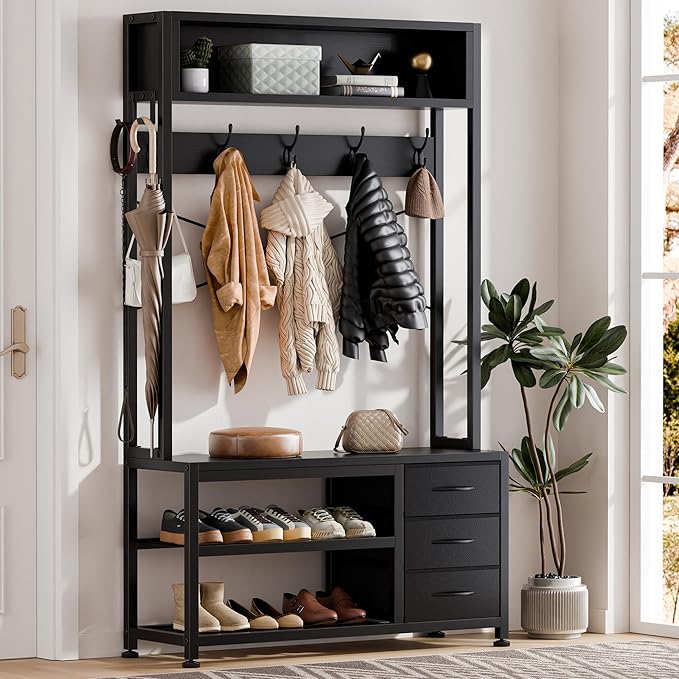 Lulive Hall Tree with Bench and Shoe Storage, 31.5" Coat Rack Freestanding with 2-Tier Storage Shelf, 6-in-1 Entryway Bench Coat Rack with 12 Hooks and 3 Drawers(Black)-Ruum Studio Home