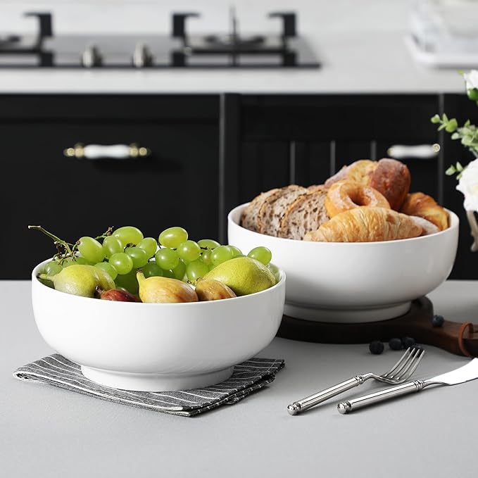 MALACASA Serving Bowls, 114 OZ(10") Extra Large Salad Bowls Set of 2, Porcelain White Serving Bowls for Salad, Soup, Pasta and Dinner, Large Ceramic Bowl Set for Entertaining, Series REGULAR-Ruum Studio Home