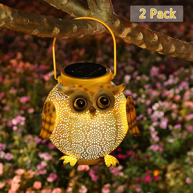 2 Pack Hanging Solar Lanterns - Garden Light Waterproof Metal Decorative Solar Lantern Lights Outdoor for Patio Yard Table Pathway with Owl Pattern-Ruum Studio Home