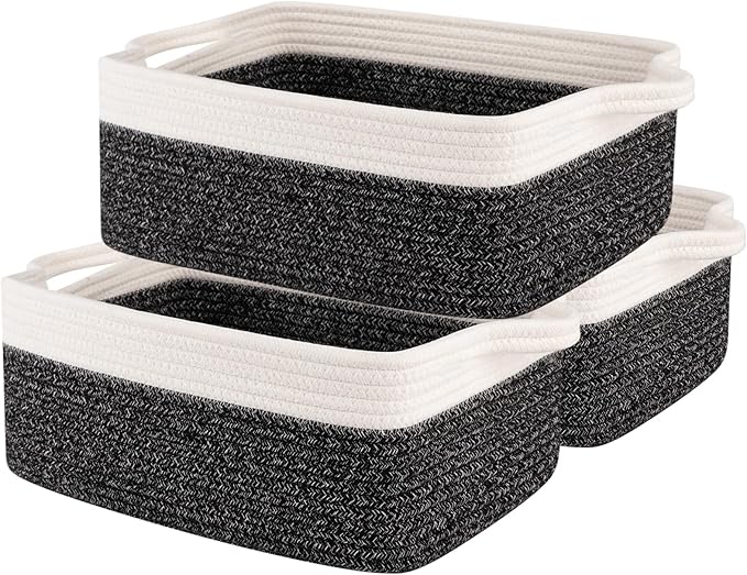 OIAHOMY 3 Pack Storage Baskets for Organizing, Woven Cotton Rope Basket for Shelves, Closet Organizer Bins with Handles, Rectangle Toy Organization, 13.78''×9.84''×5.5'', Black & White-Ruum Studio Home
