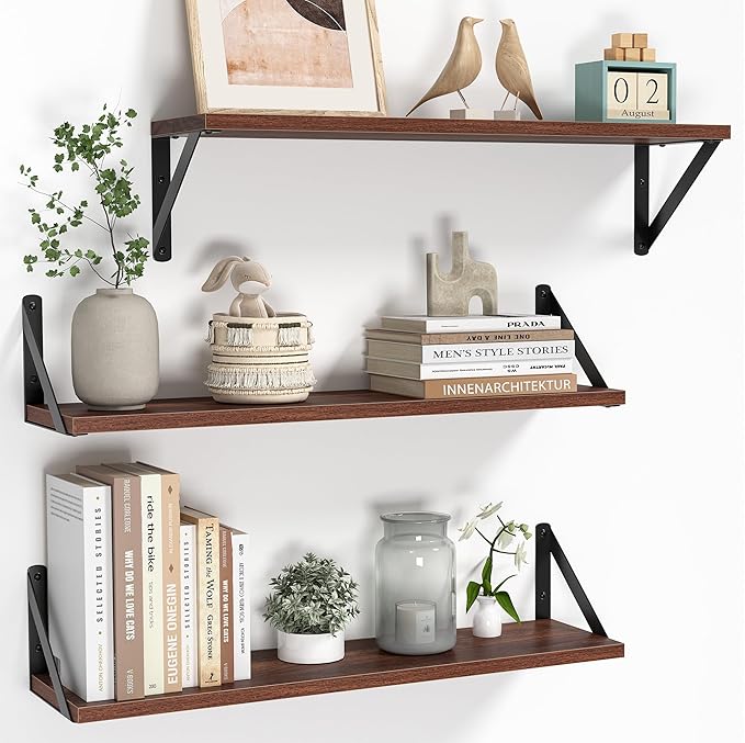 Heimlove Floating Shelves for Wall, 24 Inch Long Wood Floating Shelves Set of 3, Wall Mounted Hanging Shelf for Bathroom Bedroom Kitchen, Walnut-Ruum Studio Home