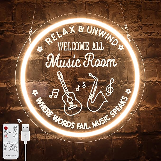 Live Music Neon Sign for Music Studio, Guitar LED Light Up Signs for Wall Decor, 3D Art Dimmable Neon Light USB for Bedroom Game Room Man Cave Party Aesthetics Decor, 12x12 Inch-Ruum Studio Home