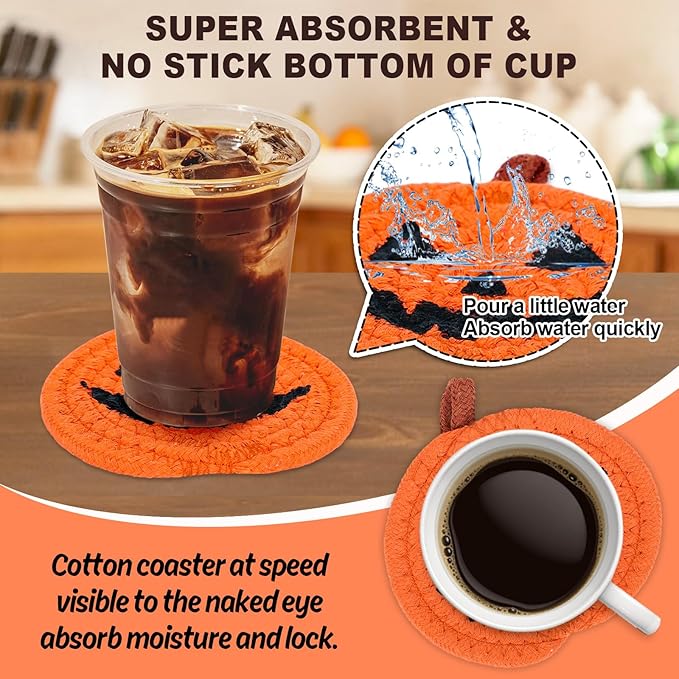 Whaline 4Pcs Halloween Pumpkin Handmade Braided Cotton Coasters Orange Black Pumpkin Shape Drink Coasters Absorbent Cup Coasters for Home Office Party Decor, 4.7 Inch-Ruum Studio Home