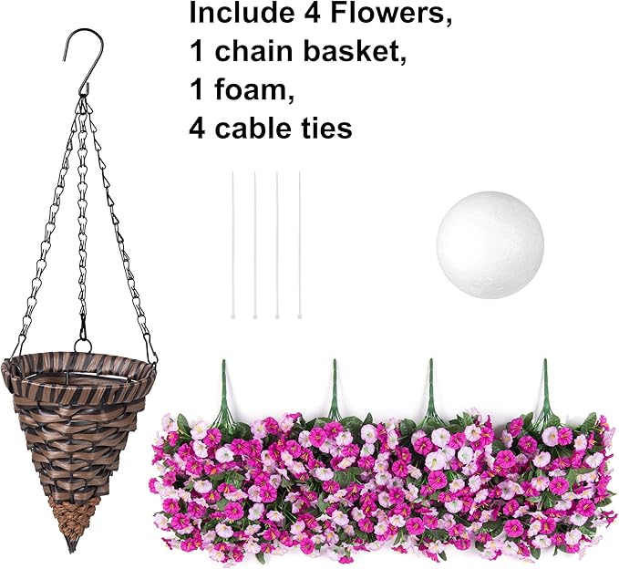 Artificial Fake Hanging Flowers Basket for Outdoor Indoor Decoration,UV Resistant Faux Silk Light Fuchsia and Fuchsia Morning Glory Flowers Plants Realistic Hanging Planter for Outside Home Porch Yard-Ruum Studio Home