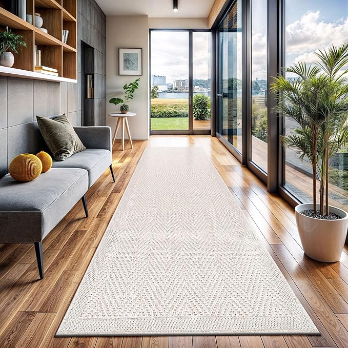 CAMILSON Indoor and Outdoor Runner Rug Off-White Herringbone Seagrass Boho Design Easy-Cleaning Non Shedding Fiber Living Room Bedroom Garden Patio and Kitchen Washable Outside Carpet Alfombras (2x7)-Ruum Studio Home