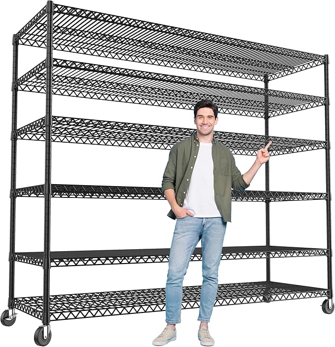 REIBII 60''W X 82.6" H Steel Heavy Duty Wire Shelving Unit with Wheels, 6-Tier Adjustable Storage Shelves 3598LBS Commercial Metal Shelves for Pantry, Garage, College Dorm School Industrial Shelving-Ruum Studio Home