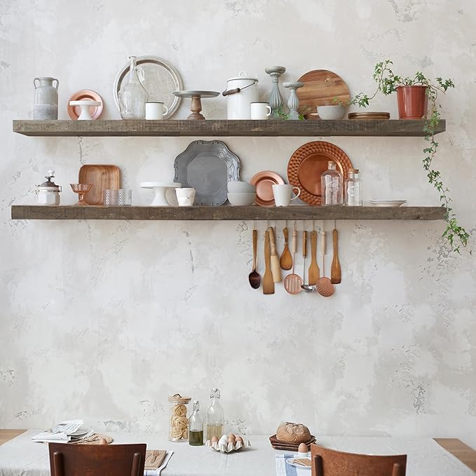 48 Inch Fireplace Mantel Shelf - 8 Inch Deep Rustic Solid Reclaimed Wood Floating Shelf, Wall Mounted Farmhouse Display Shelf with Invisible Heavy Duty Metal Bracket, Set of 2, Cement Grey-Ruum Studio Home