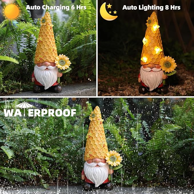Solar Gnome Garden Decor Outdoor Statue - Gnome Sunflower LED Waterproof Sculptures Lights, Gnome Pond/Yard Statues Outside Decoration, Home, Lawn, Patio, Resin Animal Ornament, Women/Gardening Gift-Ruum Studio Home