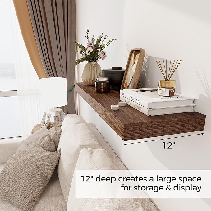 Floating Shelves 36 Inch Long, 12 Inch Deep Floating Shelves for Wall, 36 x 12 Shelves for Wall Storage & Display, 2" Thick Floating Shelf for Bathroom, Living Room, Bedroom, Walnut Color, Set of 1-Ruum Studio Home