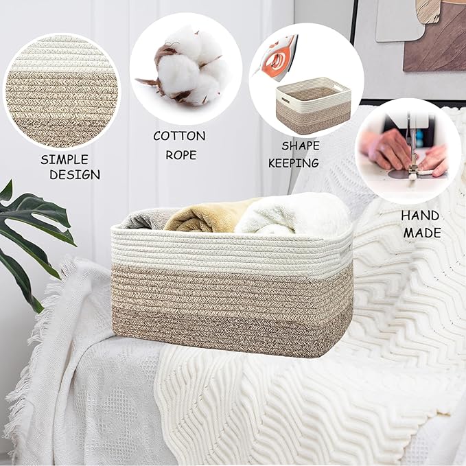 COMFY-HOMI Cotton Rope Woven Basket with Handles for Shelves,Toys,Book, Cloth Storage Baskets for Organizing-17" x 13" x 7.5" Toy Decorative Organizer for Living Room, Bathroom （white/3 brown）-Ruum Studio Home