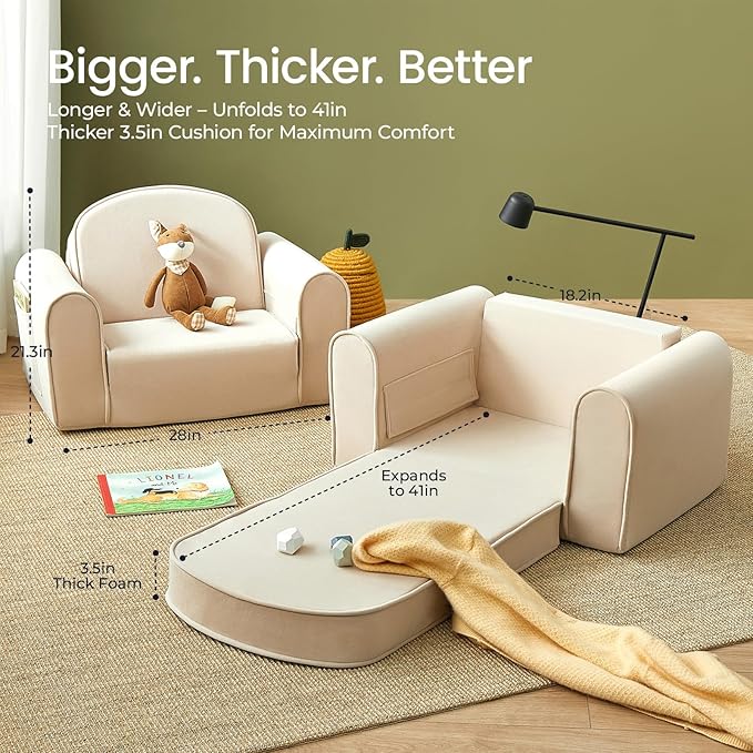 Tiny Land 2-in-1 Foldable Kids Couch with Pockets – Soft Thick Toddler Sofa, Lounger Couch, Convertible Kids Chair for Playroom, Bedroom or Living Room, Gift for Boys & Girls(Beige)-Ruum Studio Home