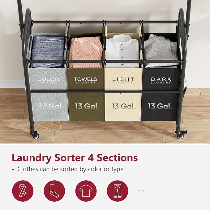 Tajsoon Laundry Sorter Cart with Hanging Clothes Rack, 4 Butler Sorter Basket Organizer, Laundry Hamper Cart with Heavy Duty Rolling Lockable Wheels, 4 Colors-Ruum Studio Home
