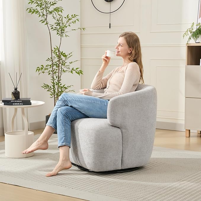 Swivel Accent Chair, Chenille Barrel Chair for Living Room, Cozy Round Boucle Arm Chair, Metal Base for Club Nursery Bedroom, Light Grey-Ruum Studio Home