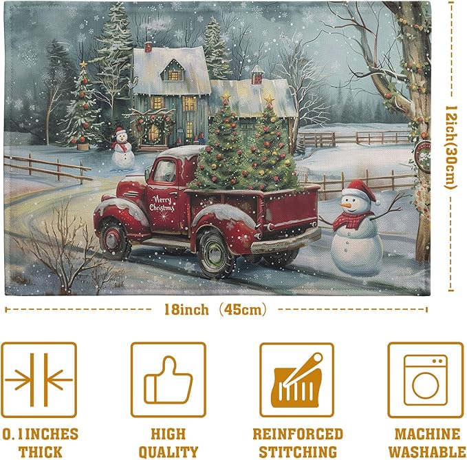 Red Truck Xmas Tree Snowman Christmas Placemats Set of 4 Winter Snowflake Vintage Farmhouse Rustic Place Mats 12x18 Inch Seasonal Christmas Holiday Washable Table Mats for Party Kitchen Dining Decor-Ruum Studio Home