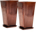 22in Vintage Handmade Metal Vertical Lines Copper Tapered Planters,Planter Box with Drainage Holes and Saucer -Set of 2, Galvanized Steel Planter for Indoor/Outdoor/Porch/Garden-Ruum Studio Home