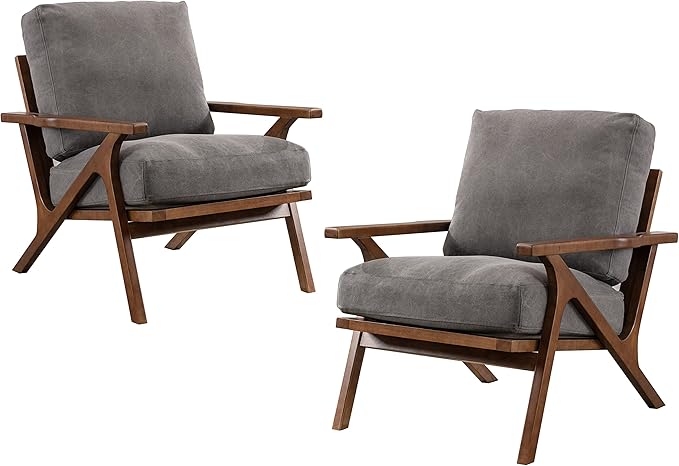 chairus Mid Century Accent Armchairs Modern Upholstered Lounge Chair Compfy Leisure Arm Chair for Living Room Fireplace/Bedroom/Reception/Dorms, Set of 2, Denim Fabric Grey-Ruum Studio Home