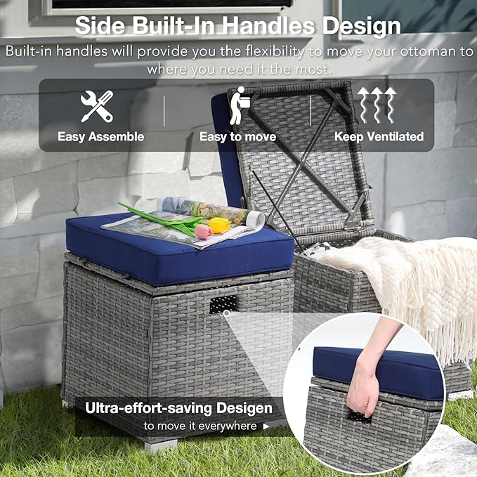 Patiorama 2 Piece Outdoor Patio Ottomans,All-Weather Grey PE Rattan Wicker Ottoman with Storage,Outdoor Footrest Footstool Seat w/Thick Cushion,Built-in Handle for Backyard Poolside Porch (Navy Blue)-Ruum Studio Home