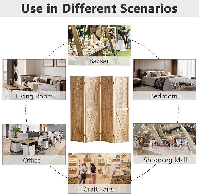 4 Panel Pegboard Wood Room Divider, 5.6Ft Pegboard Display Folding Privacy Screens, Peg Board Display Freestanding for Trade Show Craft Show Home Wall Organizer, Light Brown-Ruum Studio Home