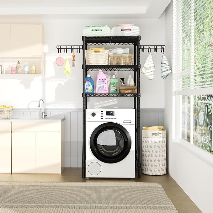 Ulif U8 Mini Laundry Room Storage Organizer, Over the Washer and Dryer Storage Shelves for Laundry Organization, 29.5”W x 17.3”D x 76.2”H, Suit Washing Machine Width within 27.1”, Hold 304 lb, Black-Ruum Studio Home