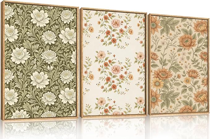 Vintage Pastoral Floral Framed Canvas Wall Art Set, Boho Colorful Flower Wall Decor, Peony Wildflower Wall Painting, Retro Botanical Art Prints for Living Room, Bedroom, Office - 16"X24"X3-Ruum Studio Home