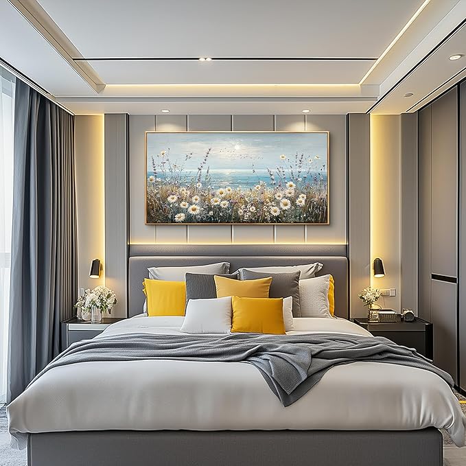 PHAOHUAXM Large Canvas Printing Artworks Mural Wall Decor For Living Room Wall Art For Bedroom Office Decor Blue Ocean Paintings Flowers Watercolour Wall Pictures Home Decor Wood Framed 30x60 In-Ruum Studio Home