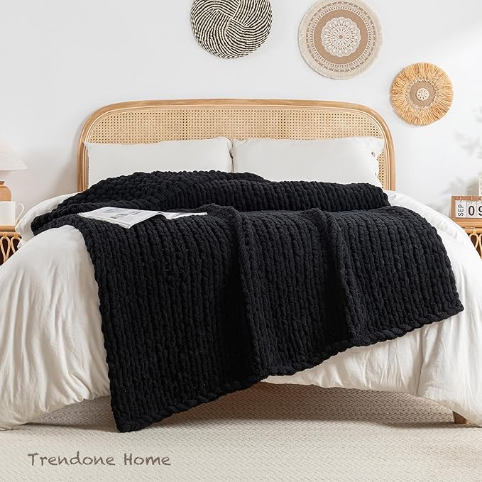 Chunky Knit Blanket Throw, 100% Hand Knit Throw Blanket Handmade Chenille Cable Knit Throw for Couch, Stylish Cozy Soft Rope Knot Crochet Blanket for Home Decor, Black, 50x60 Inches-Ruum Studio Home