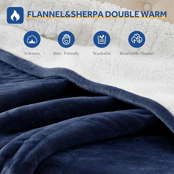 Sealy Electric Blanket Throw Size 50"*60",Super Cozy Flannel to Sherpa Reversible Heated Blanket Throw with 6 Heating Levels & 2-10 Hours Auto Off Overheating Protection Machine Washable,Navy-Ruum Studio Home