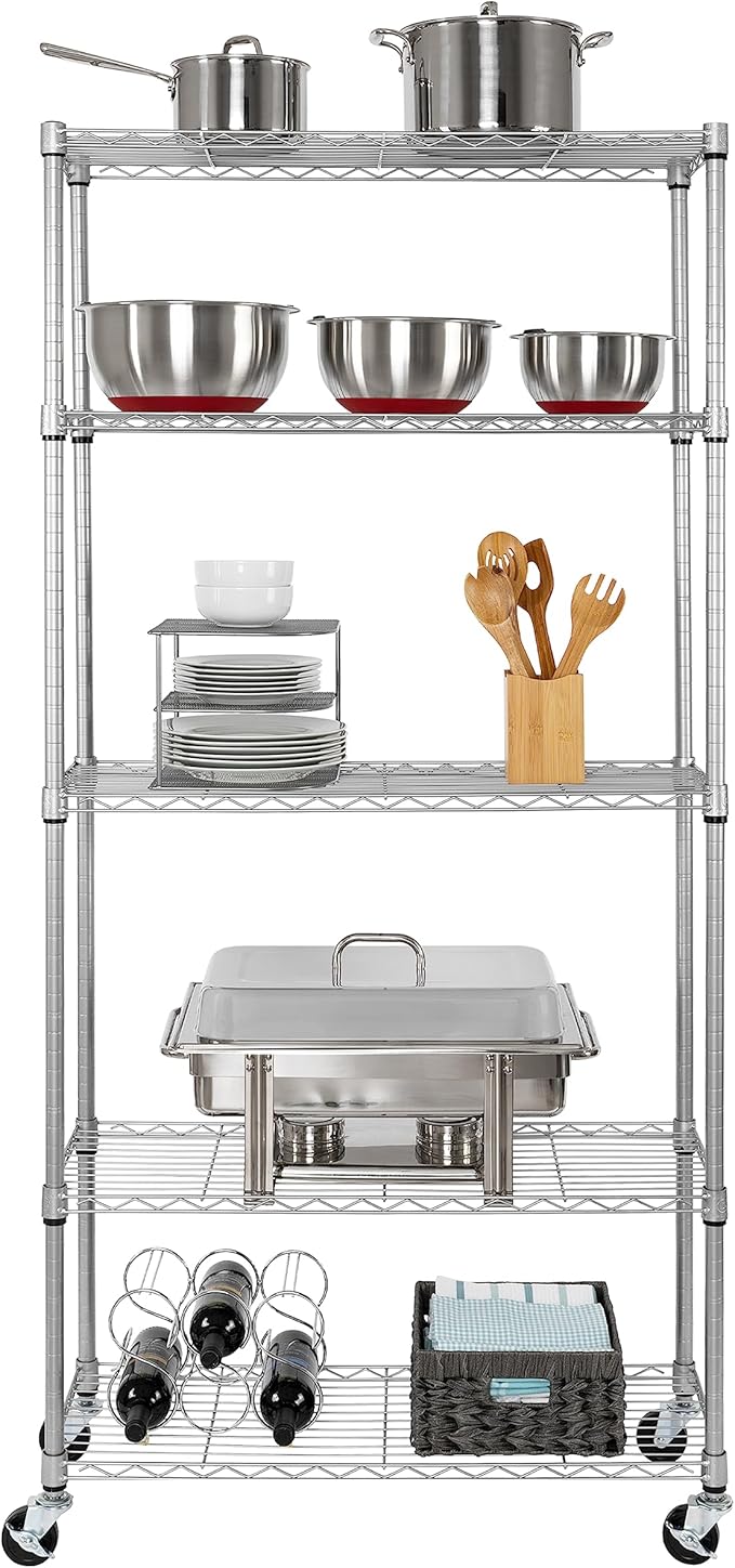 Seville Classics UltraDurable Heavy Duty NSF Solid Steel Wire Rack Storage Unit, Organizer for Garage, Warehouse, Office, Restaurant, Classroom, Kitchen, Silver, 5-Tier Shelving, 36" W x 14" D-Ruum Studio Home