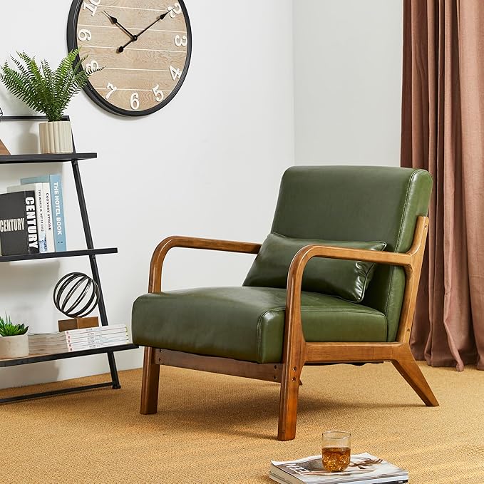 Glitzhome Mid Century Hunter Green Accent Armchair, Single Reading Armchair PU Leather Lounge Chair with Walnut Ruberwood Frame-Ruum Studio Home