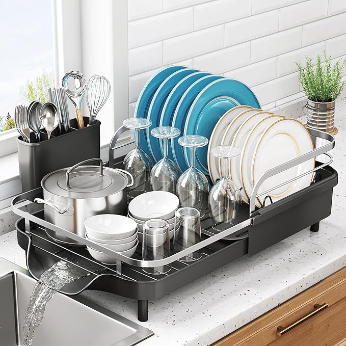 Dish Drying Rack, Expandable Dish Rack for Kitchen Counter, Stainless Steel Dish Drainer with Drainboard Set and Utensil Holder (Black)-Ruum Studio Home