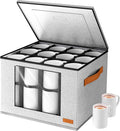 2-Layer Coffee Mug Storage Box with Dividers, Cup Storage Organizer with Zipper Lid and Handles, Stackable China Storage Containers Service for 24 Mugs, Cups and Glasses, Light Grey-Ruum Studio Home