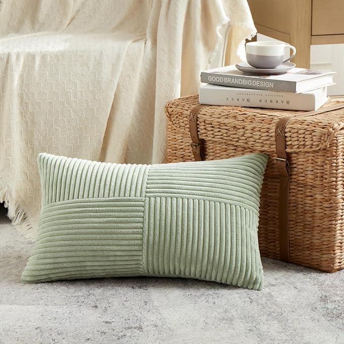 Fancy Homi 2 Packs Sage Green Lumbar Decorative Throw Pillow Covers 20x28 Inch for Living Room Couch Bed, Rustic Farmhouse Boho Home Decor, Soft Striped Corduroy Rectangle Accent Cushion Case 50x70 cm-Ruum Studio Home