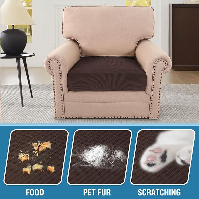 H.VERSAILTEX Velvet Stretch Couch Cushion Cover Plush Cushion Slipcover for Chair Cushion Furniture Protector Seat Cushion Sofa Cover (1 Piece Armchair Cushion Covers, Brown Striped)-Ruum Studio Home