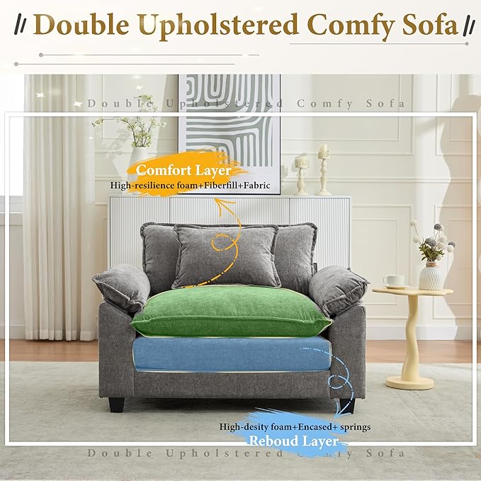 URRED Modular Sectional Sofa Comfy Cloud Couch, Modern Chenille Sofa Sleeper Deep Seat Couches with Ottoman/Pillows for Living Room (Gray, 53'')-Ruum Studio Home
