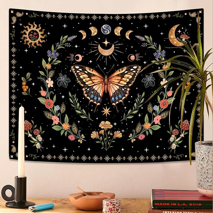 Lunerfex Boho Butterfly Tapestry Flower Moon Wall Tapestry, Moon Phases Tapestries for Bedroom Cute Tapestries Wall Hanging for Bedroom Living Room Decor Butterfly-1 60"x80"-Ruum Studio Home