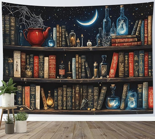 LB Fantasy Bookshelf Tapestry, Horror Spider and Vintage Book with Moon Wall Tapestry for Bedroom Aesthetic, Trippy Galaxy Wall Art for Living Room Dorm Home Decor Ready to Hanging, 92.5 x 70.9 Inches-Ruum Studio Home