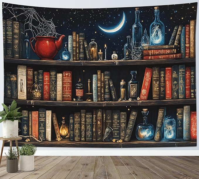 LB Fantasy Bookshelf Tapestry, Horror Spider and Vintage Book with Moon Wall Tapestry for Bedroom Aesthetic, Trippy Galaxy Wall Art for Living Room Dorm Home Decor Ready to Hanging, 59 x 51 Inches-Ruum Studio Home